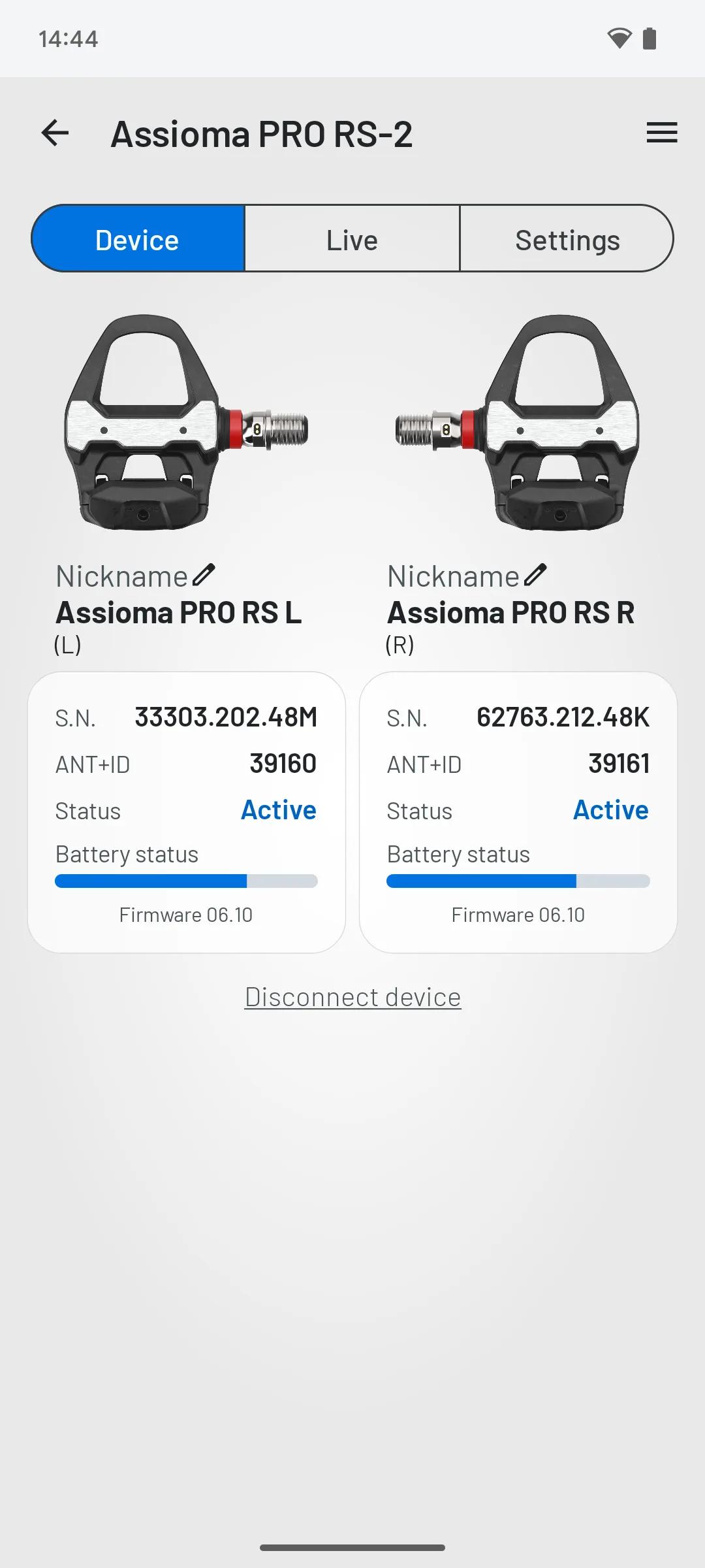 Favero app device view: both Assioma PRO RS pedals paired and active